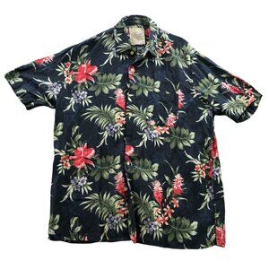 Tasso Elba Island Mens Hawaiian Shirt Large Short Sleeve Black Floral Silk Linen